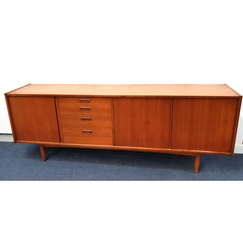 690 - MID CENTURY TEAK SIDEBOARD BY BUTILUX
with four drawers and three cupboards, raised on tapering legs... 