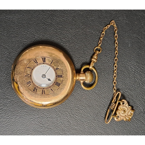 12 - GOLD PLATED WALTHAM HALF HUNTER POCKET WATCH
with subsidiary seconds dial and marked Waltham USA to ... 