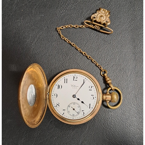 12 - GOLD PLATED WALTHAM HALF HUNTER POCKET WATCH
with subsidiary seconds dial and marked Waltham USA to ... 