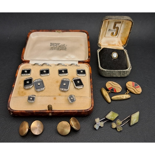 147 - BOXED ART DECO STUD AND CUFFLINK SET 
all with black agate panels and marcasite details; together wi... 