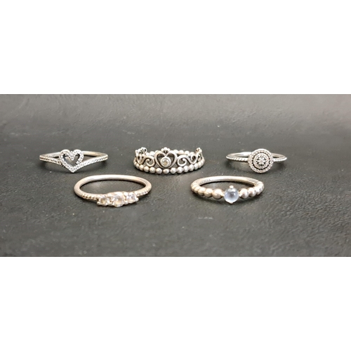 149 - FIVE PANDORA SILVER RINGS
comprising Princess Tiara, March beaded birthstone, Sparking Wishbone Hear... 