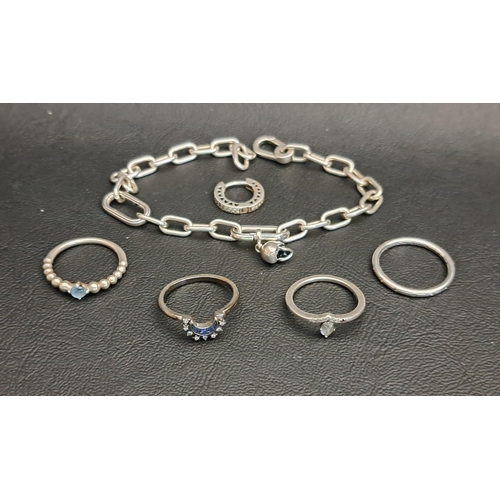 164 - SELECTION OF PANDORA JEWELLERY
comprising four rings - March Beaded Birthstone, Classic Wishbone, Cl... 