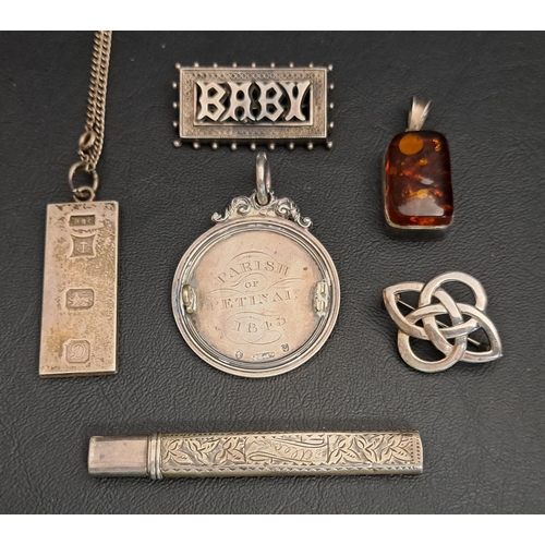 220 - SELECTION OF SILVER JEWELLERY
including a silver ingot pendant on chain, an amber set pendant, a 'Ba... 