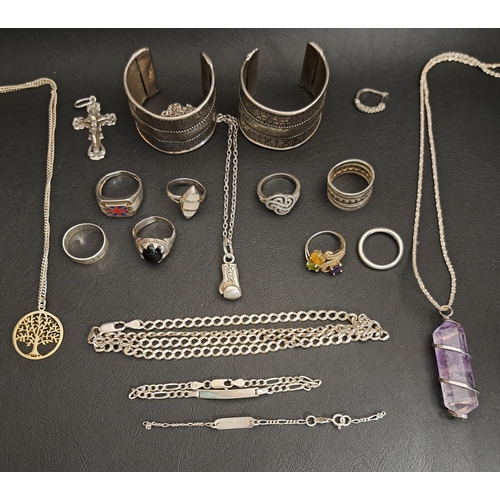 244 - SELECTION OF SILVER JEWELLERY
including a peridot, citrine and amethyst set ring, seven other rings,... 