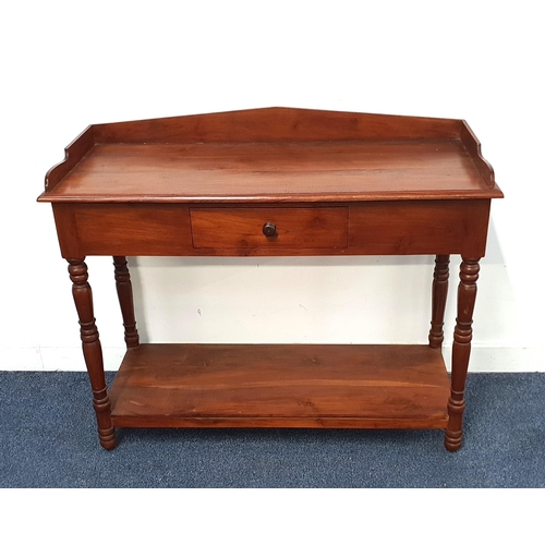 658 - MAHOGANY CONSOLE TABLE
with single central drawer and gallery back, on turned legs with shelf, 100 x... 