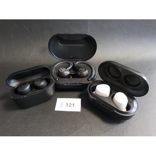 121 - THREE PAIRS OF JLAB EARBUDS IN CHARGING CASES