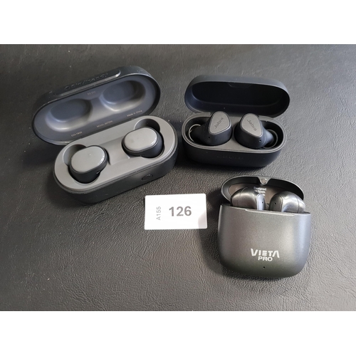 126 - THREE PAIRS OF EARBUDS IN CHARGING CASES
comprising Skullcandy, Vieta Pro and Jabra