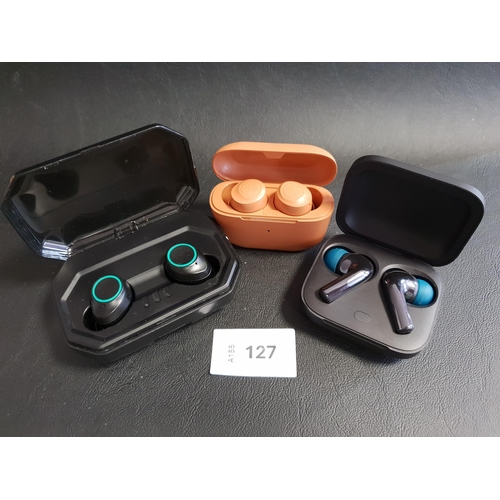 127 - THREE PAIRS OF EARBUDS IN CHARGING CASES
comprising Jlab, One Plus and AXLOIE Attitude