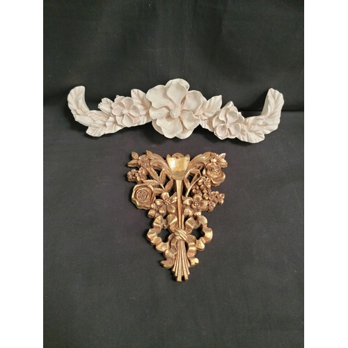 448 - TWO DECORATIVE FLORAL WALL SCONCES
one gilt example by Soroco Wood, 31cm high, the other in cream an... 