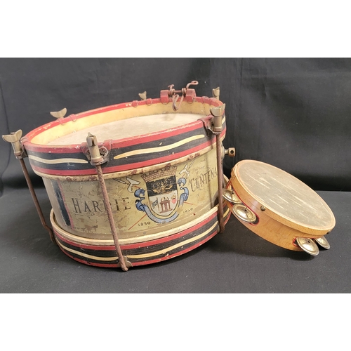 502 - PARADE MARCHING DRUM
with rustic string snare, marked Hardie Centenary to the side, painted in cream... 