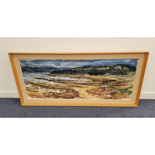 603 - JAMES WATT (SCOTTISH 1931-2022)
'Low tide Inverkip', signed in orange, titled verso, 47 x 124cm, fra... 