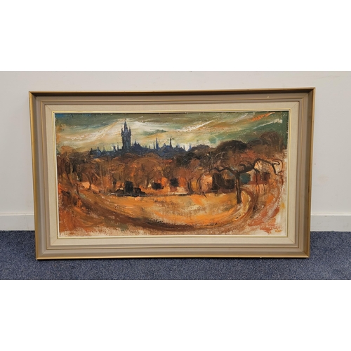 604 - JAMES WATT (SCOTTISH 1931-2022)
'Kelvingrove Park - Glasgow University ', oil on canvas, signed in o... 