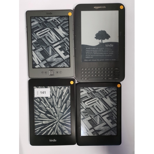 141 - FOUR AMAZON KINDLE E-READERS
comprising a Paperwhite 2, serial number G0D4 2204 3437 00AS; a Basic 3... 