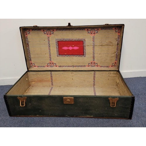 442 - LONG WOODEN BOUND TRUNK
with side carrying handles, 107cm x 31cm x 50cm