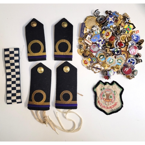 453 - TWO PAIRS OF MERCHANT NAVY THIRD ENGINEER SHOULDER BOARDS AND ASSORTMENT OF ENAMEL BADGES
together w... 