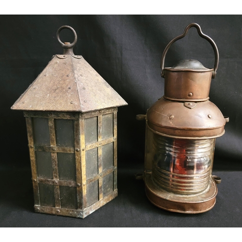 457 - TWO LANTERNS
comprising one ship lantern with handle, marked D L on the rear; and a copper hexagonal... 