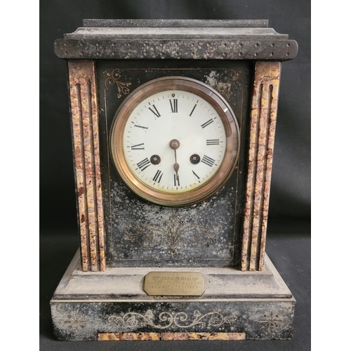 461 - VICTORIAN BLACK SLATE AND MARBLE CHIMING MANTEL CLOCK
floral engraving to slate, with plaque to the ... 