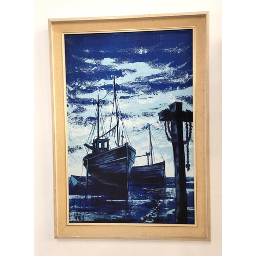 605 - DAVID WILLIS (BRITISH b?-d.2013)
'Blue Boats', oil on canvas, signed and titled verso, 75 x 50cm, fr... 