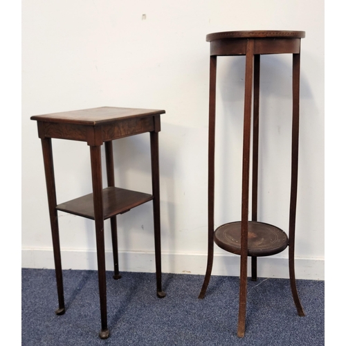 651 - TWO EDWARDIAN PLANTS STANDS
the smallest with walnut top and shelf on tapered legs with ball feet, 3... 