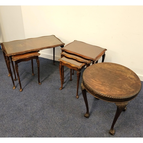 654 - THREE OCCASIONAL TABLES
consisting of a round Mahogany table on claw and ball feet with textured edg... 