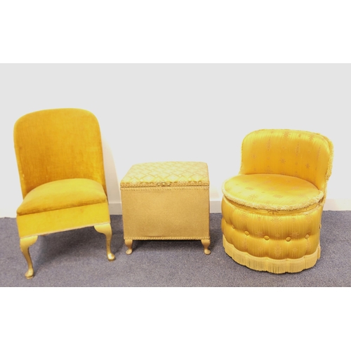 681 - VINTAGE TUB CHAIR
by Sherbourne, the gold upholstery with button detail, raised on castors; together... 