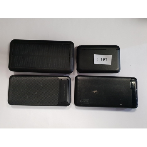 191 - SELECTION OF FOUR POWERBANKS
including Linocell and a Solar charging example (4)