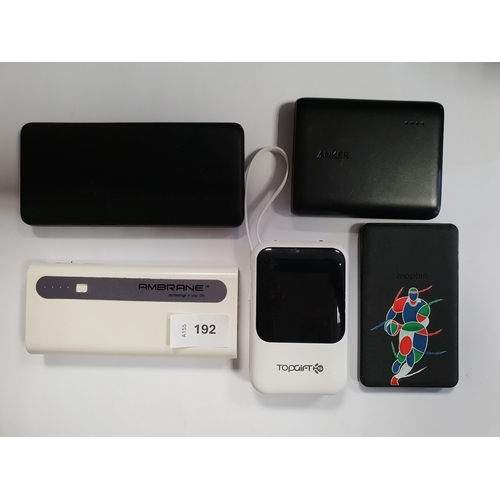 192 - SELECTION OF FIVE POWERBANKS
including 2x Anker and Mophie (5)