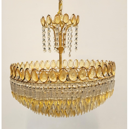 702 - VINTAGE 1980s MURANO GLASS CHANDELIER
with rows of lemon, amber and clear crystal on brass mounts wi... 