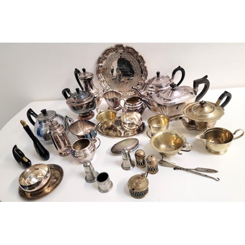 261 - ASSORTMENT OF SILVER PLATED ITEMS
including serving trays, tea pots, cups, condiment holders, etc.