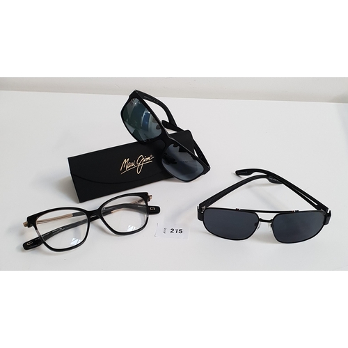 215 - TWO PAIRS OF DESIGNER SUNGLASSES AND A PAIR OF GLASSES
the sunglasses comprising Prada and Maui Jim,... 