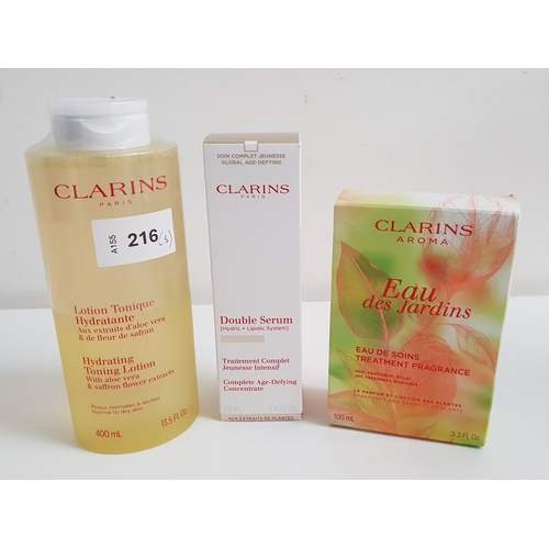 216 - SELECTION OF NEW CLARINS SKIN CARE ITEMS
comprising Hydrating Toning Lotion (400ml), Double Serum (H... 