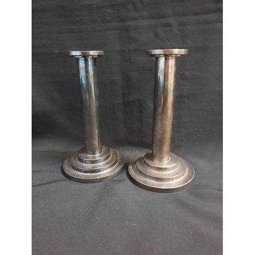 259 - PAIR OF MODERN DANISH ART DECO STYLE STERLING CANDLESTICKS
by Ronnie Holmsted, Copenhagen, the cylin... 