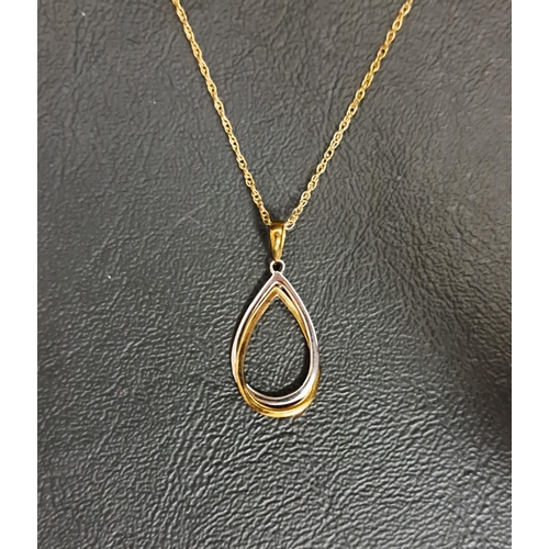 51 - NINE CARAT TWO TONE GOLD PENDANT 
formed with entwined yellow and a white gold pear shaped drops, on... 