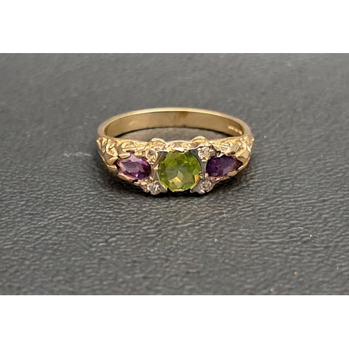 87 - PERIDOT, AMETHYST AND DIAMOND RING
the central round cut peridot approximately 0.45cts flanked by pe... 