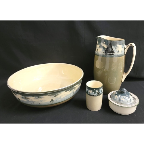 350 - ROYAL DOULTON TOILET SET
comprising a wash bowl, jug, shaving bowl with insert and cup, all with han... 