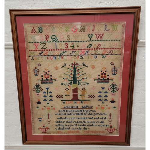 LARGE WELSH WOOLWORK SAMPLER CIRCA 1910
by Ann Richards of Pentreclwyda, featuring Adam and Eve from Genesis chapter III, glazed and framed 102 x 85cm