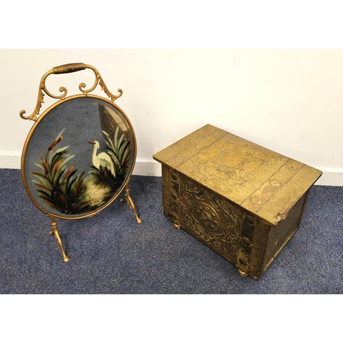 677 - BRASS LOG/COAL BIN AND MIRRORED FIRE GUARD
the box with Celtic knot design to the front abd Viking s... 