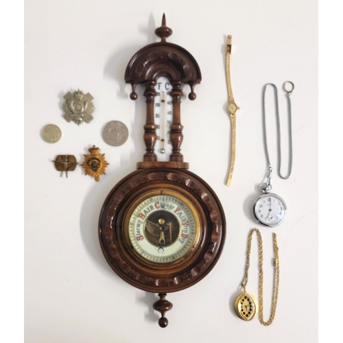 SELECTION OF COLLECTABLES
comprising a small mahogany cased wall barometer, an Ingersoll pocket watch and Albert chain, a Services watch pendant on gilt chain, a commemorative crown, a Ladies Swiss Empress 17 jewels wristwatch, a British Highland Light Infantry cap badge, a British Legion cap badge numbered B757, and a Parachute regiment collar badge