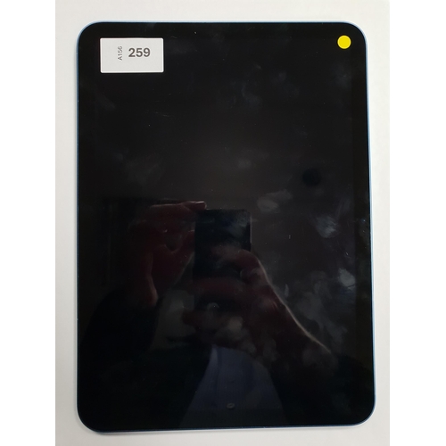 259 - APPLE IPAD 10TH GENERATION - A2696 - WIFI 
serial number Q06K340177. Apple account locked. 
Note: It... 