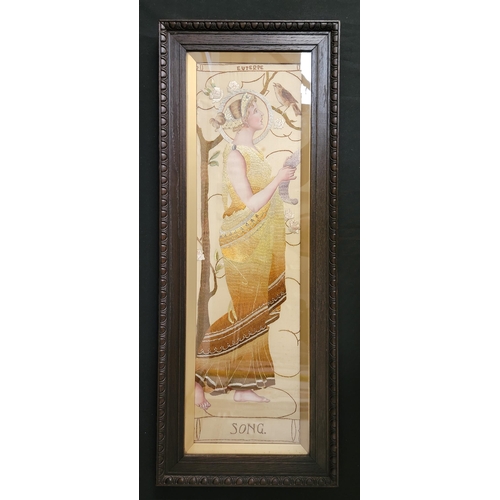 IN THE MANNER OF SELWYN IMAGE - EMBROIDERED ARTS & CRAFTS PANEL 
depicting a woman in flowing yellow gown and titled 'SONG' and 'EUTERPE', the figure with painted limbs and head and intricately silk embroidered dress, headdress and other motifs, in wooden frame, the frame size 78.3cm x 30.8cm