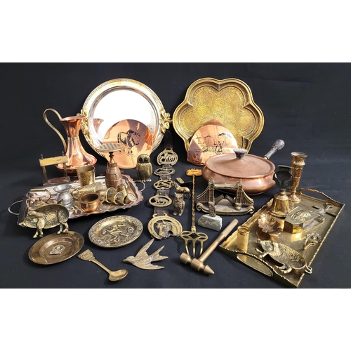 308 - SELECTION OF BRASS AND COPPER ITEMS
including serving platters, trays, brass pot, collection of five... 