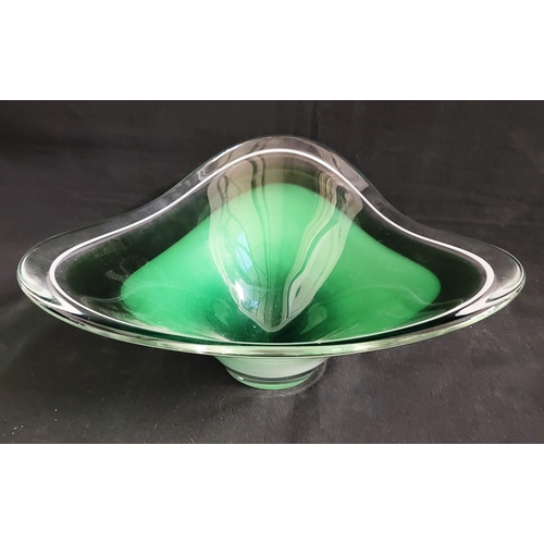 MID CENTURY SWEDISH FLYGSFOR GLASS COQUILLE BOWL
with green centre and white strip border, signed to base Flygsfor '61, 32cm diameter x 14cm high