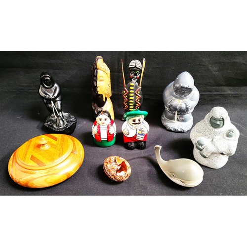 353 - ASSORTMENT OF VINTAGE WORLD FIGURINES 
including three Canadian Inuit figures, Mexican cruet set, Af... 