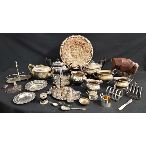 368 - SELECTION OF PLATED AND METALWARE
including an ornate Turkish serving platter, various sizes of teap... 