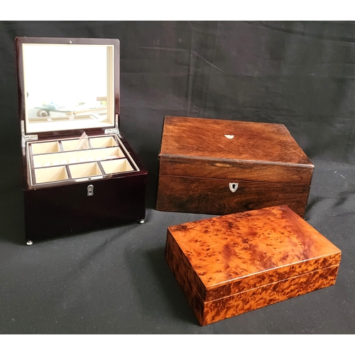 341 - LACQUERED JEWELLERY BOX
with lift out fitted interior and key, 20.8cm x 14.5cm x 21cm; together with... 