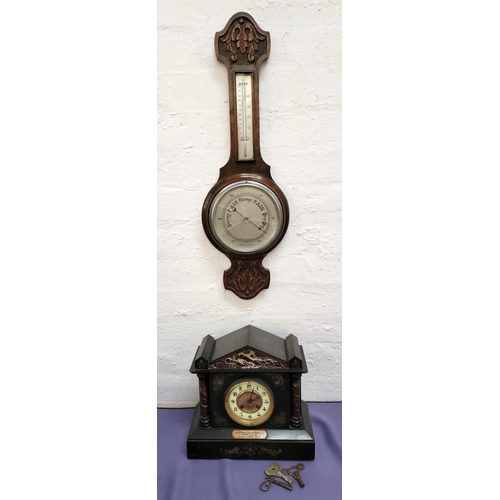 369 - VICTORIAN SLATE AND MARBLE MANTLE CLOCK
the pediment of inlaid marble in inserts of foliate design, ... 