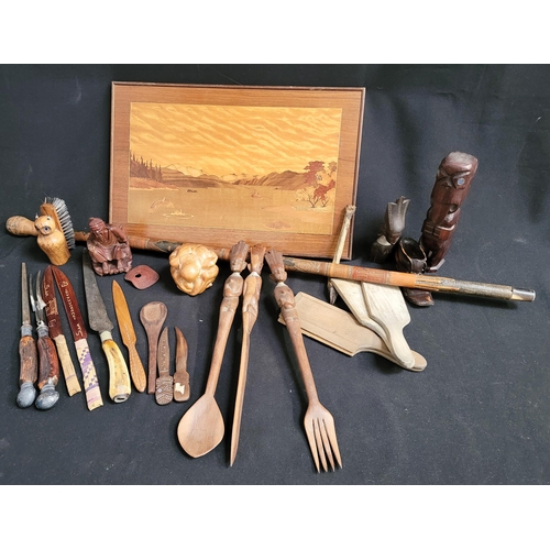 371 - SELECTION OF WOODEN AND OTHER COLLECTIBLES 
including a Marquetry picture; African style carved fork... 