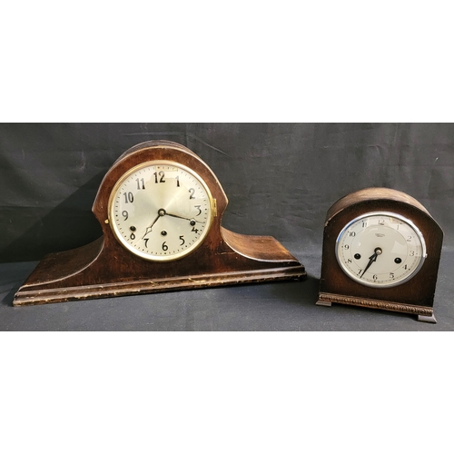 374 - LARGE NAPOLEON HAT MANTEL CLOCK
in mahogany finish, 54.5cm wide and 27cm high, alongside a 1950s Smi... 