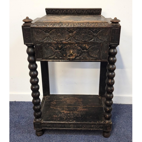 654 - VICTORIAN CARVED OAK GOTHIC REVIVIAL SIDE TABLE
the top above a single drawer, raised on front bobbi... 