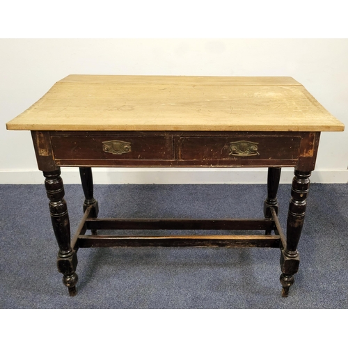 662 - VINTAGE WORK TABLE
with two drawers and opposing single drop flap, the stained base with turned supp... 